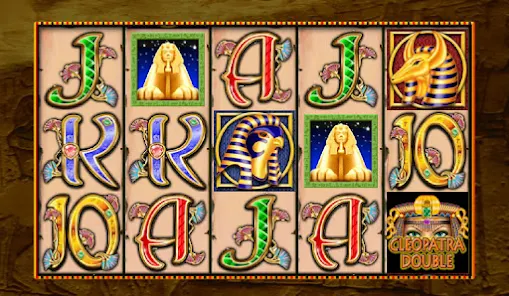 Cleopatra pokies main game reels with gold scarab symbols
